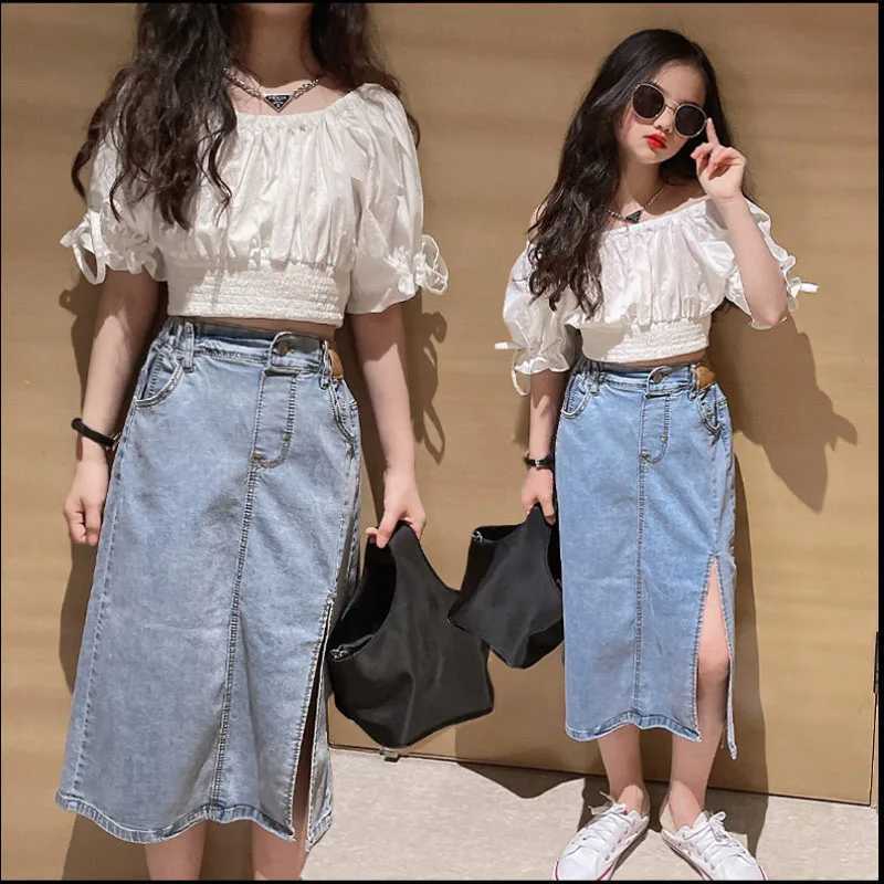 Clothing Sets Clothing Sets 2024 New Summer Girls Fashionable Set Big Childrens Clothing Off Shoulder Doll Shirt+ Split Denim Skirt 4-13 Y