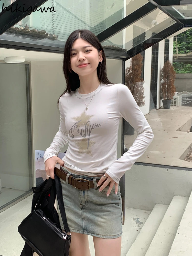 Star Print Woman Tshirts Long Sleeve Tunic Crop Tops O-neck Fashion Tees Ropa Mujer Casual Korean Y2k T Shirt Women Clothes 240715