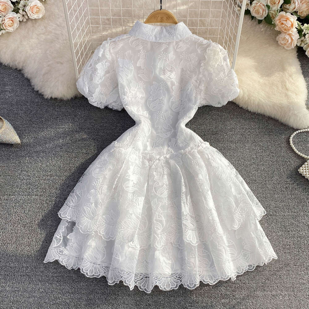 2022 Summer Elegance Super Immortal Polo Collar Single Breasted White Embroidered Bubble Sleeves A-line Cake Dress for Women Round Neck Dress Oversize