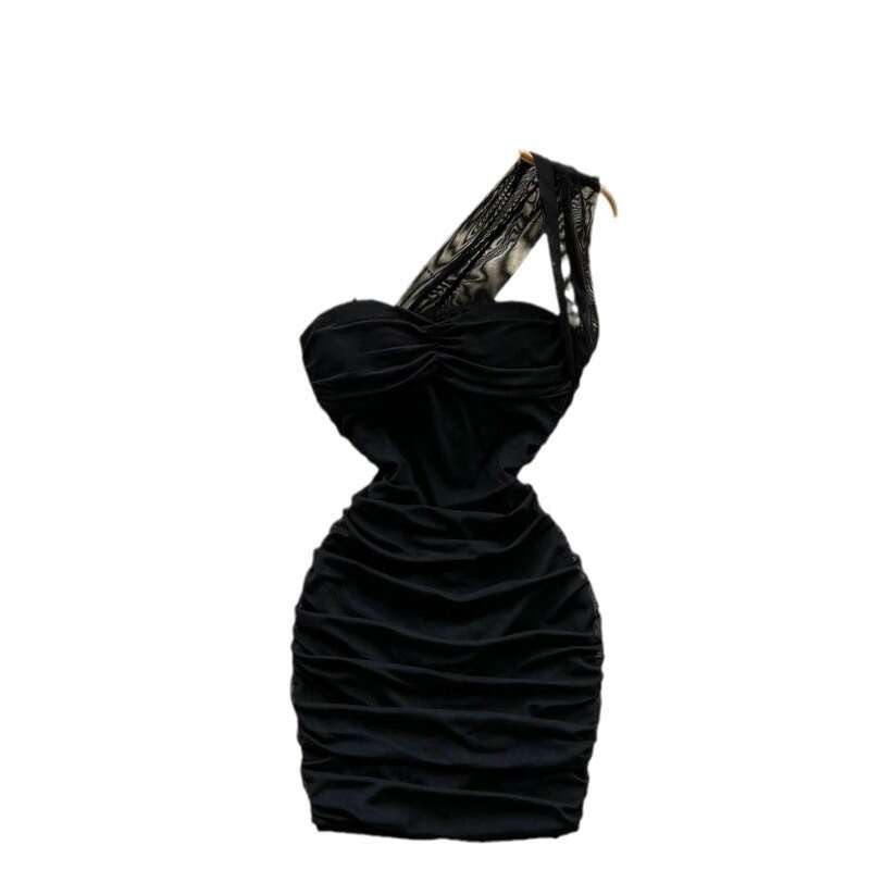 Hanging Neck, Mesh Pleated, Off the Shoulder Bag, Buttocks, Sexy Dress, Womens Bra Design, Unique Waist Cinching, Spicy Girl Skirt Lace Dress Denim Dr