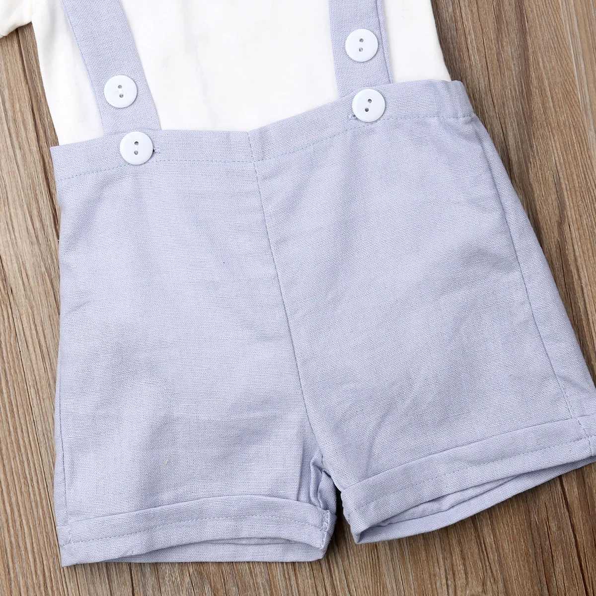 Clothing Sets Babys Gentleman Suit Boys Summer Short Sleeve Solid Color Romper Button Suspender Shorts Bow Tie 3pcs Infant Clothing