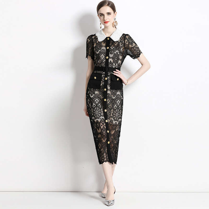 French Tea Break, Hepburn Style, Sexy and Scheming Doll Neck, Short Sleeved Lace Dress, Slim Fit, Medium Length, Buttocks Wrapped Skirt Lace Dress SKI