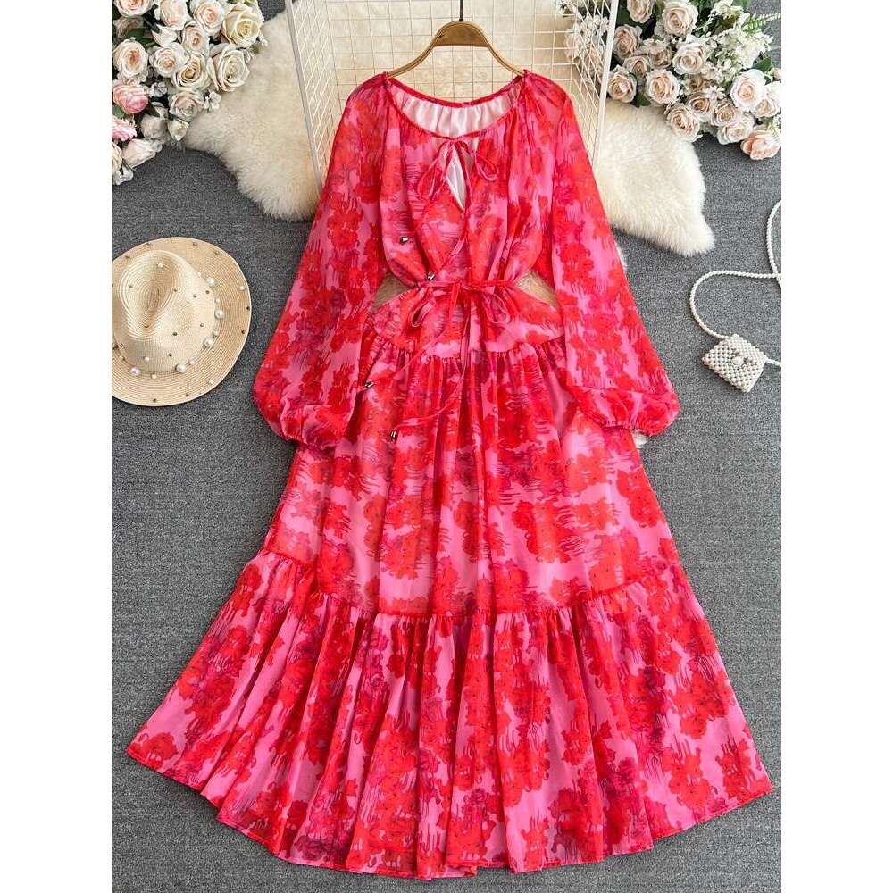 Summer French Tea Break Big Swing Skirt Gentle Style Long Sleeved V-neck Waist Cinching for Slimming A-line Ruffle Edge Printed Dress Denim Dress Silk