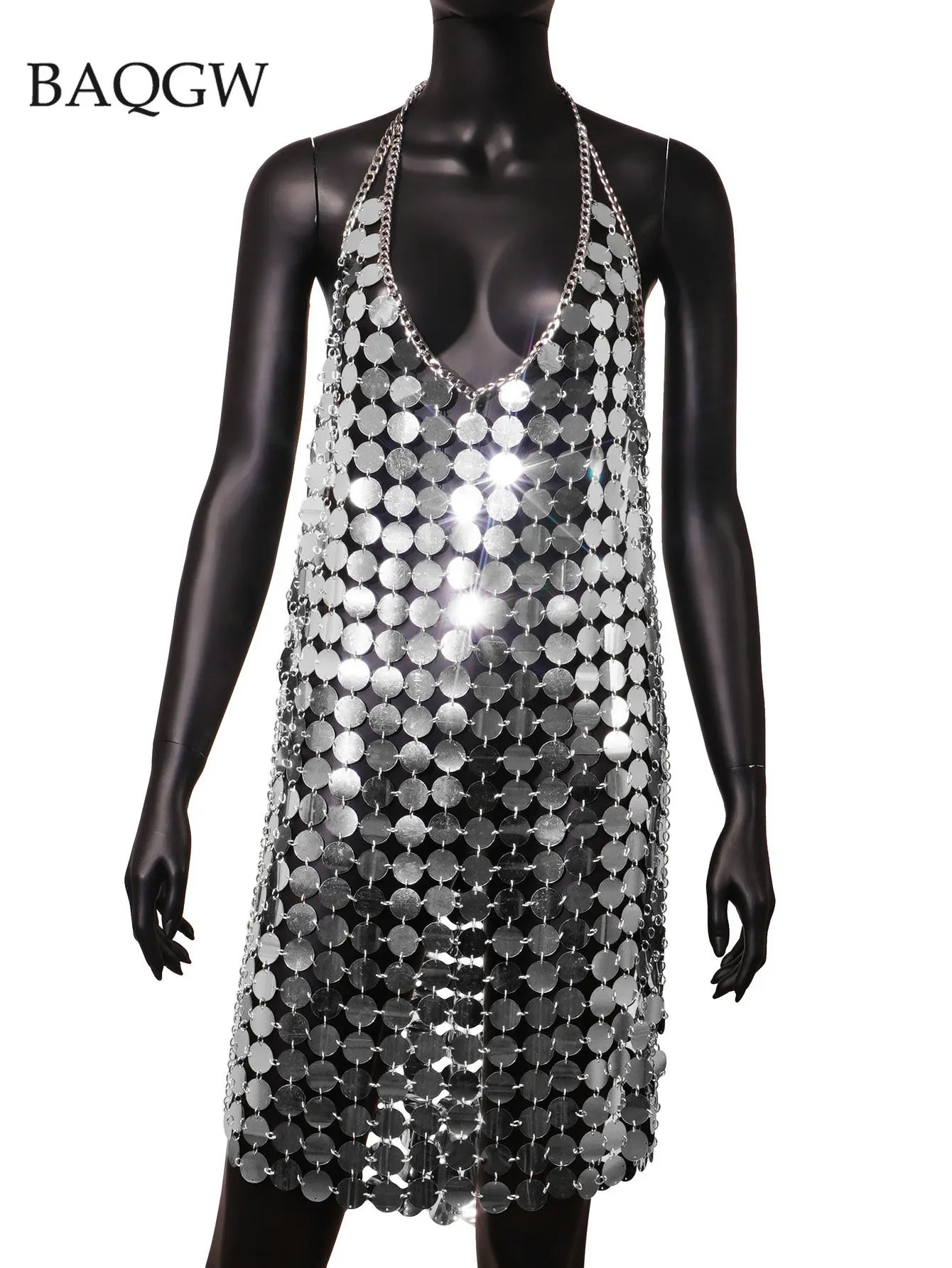 Women Fashion Sleeveless Sexy Backless Glitter Black Gold Chainmail Sequin Patchwork Mini Dresses Diana Silver Disc Dress 240716