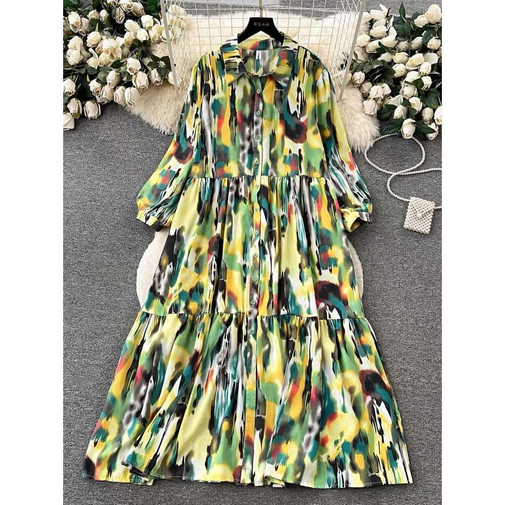 Small High-end Feeling Halo Dyed Printed Dress for Women, Lazy, Casual, Loose and Slimming A-line Large Hem Shirt Skirt Pregnant Womens Dress SKINNY D