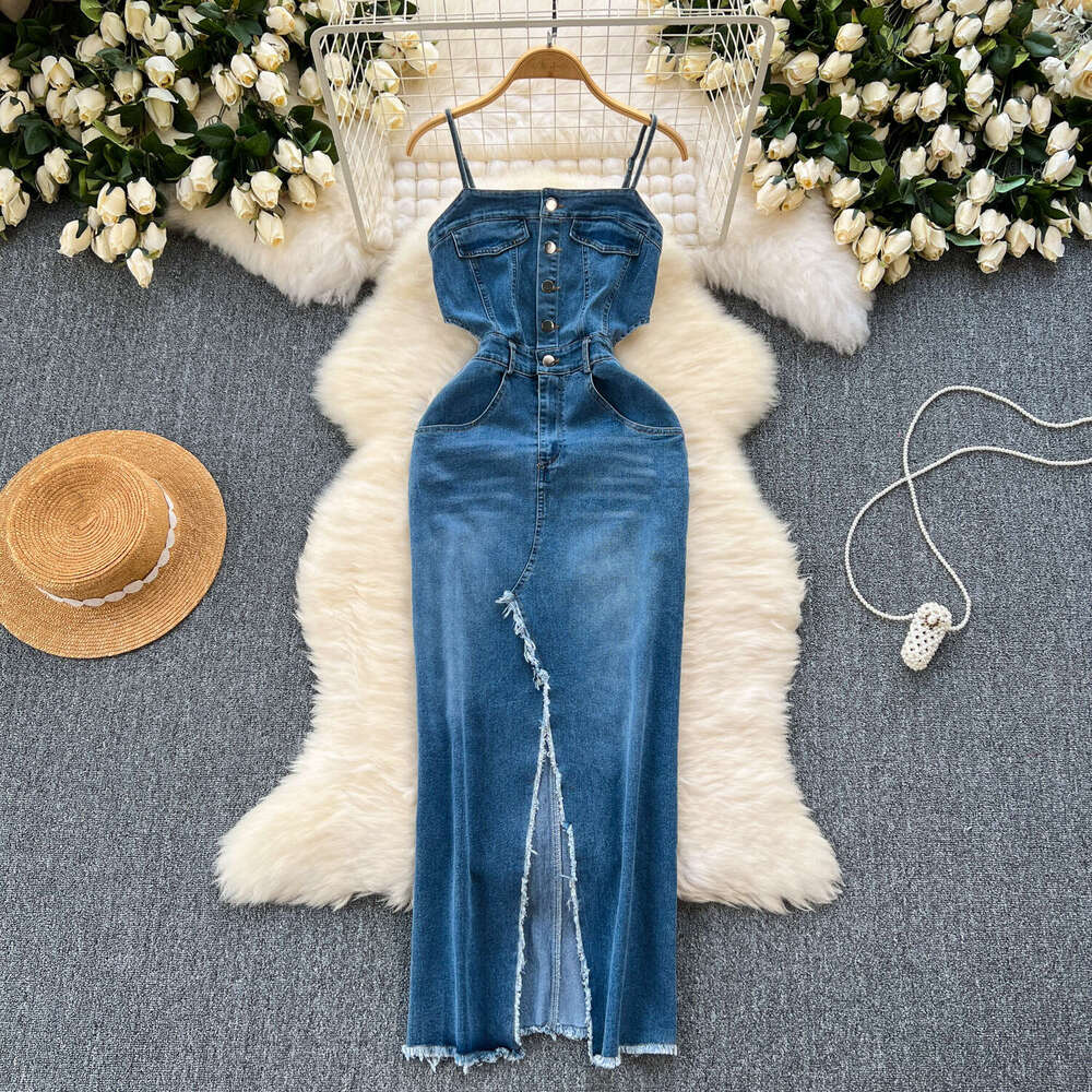 Chic Denim Skirt Design with Fur Edge, Slit, Slim Fit, Medium Length Strap, Dress for Summer Temperament Self-cultivation High Waist Dress Oversize Dr