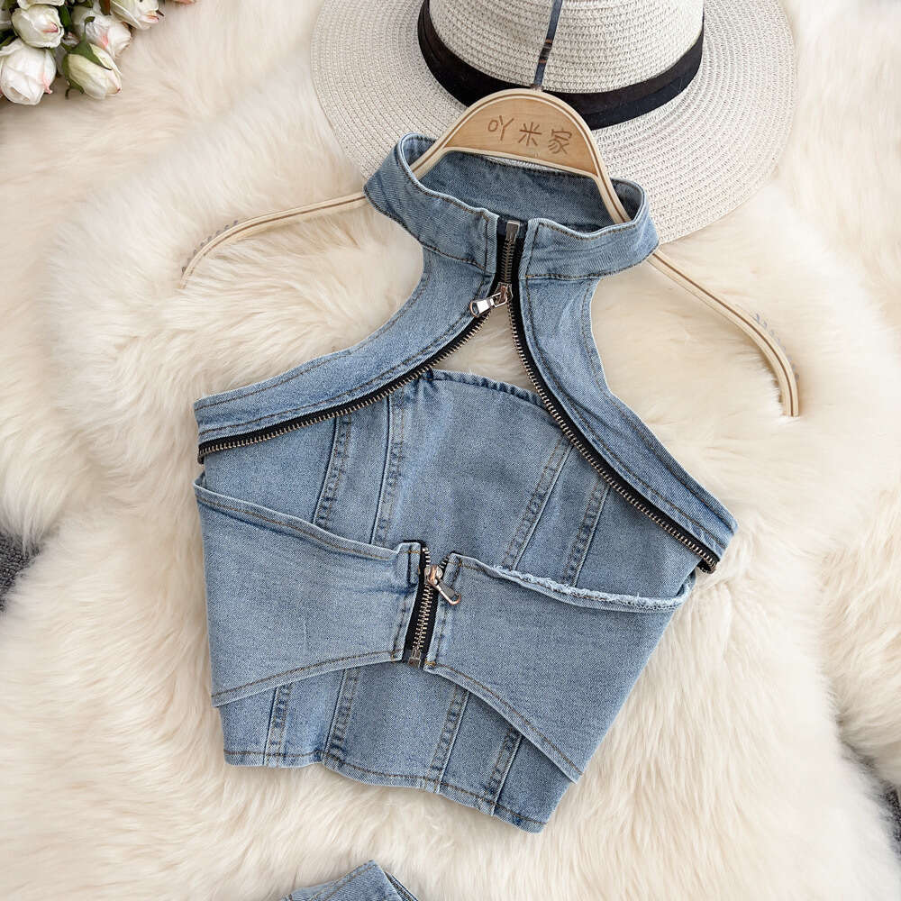 Fried Street Spicy Girl Cowboy Womens Summer New Hanging Neck Short Top Half Skirt Two Piece Set Novelty Temperament Loose Bifurcated BOHO DRESS