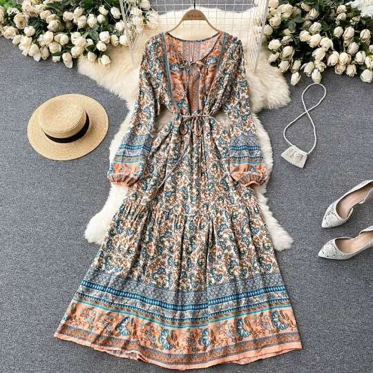 Vacation Floral New Western-style Bubble Sleeved Bohemian Lace Up Waist Long Dress Self-cultivation Loose Sexy Novelty High Waist Dress
