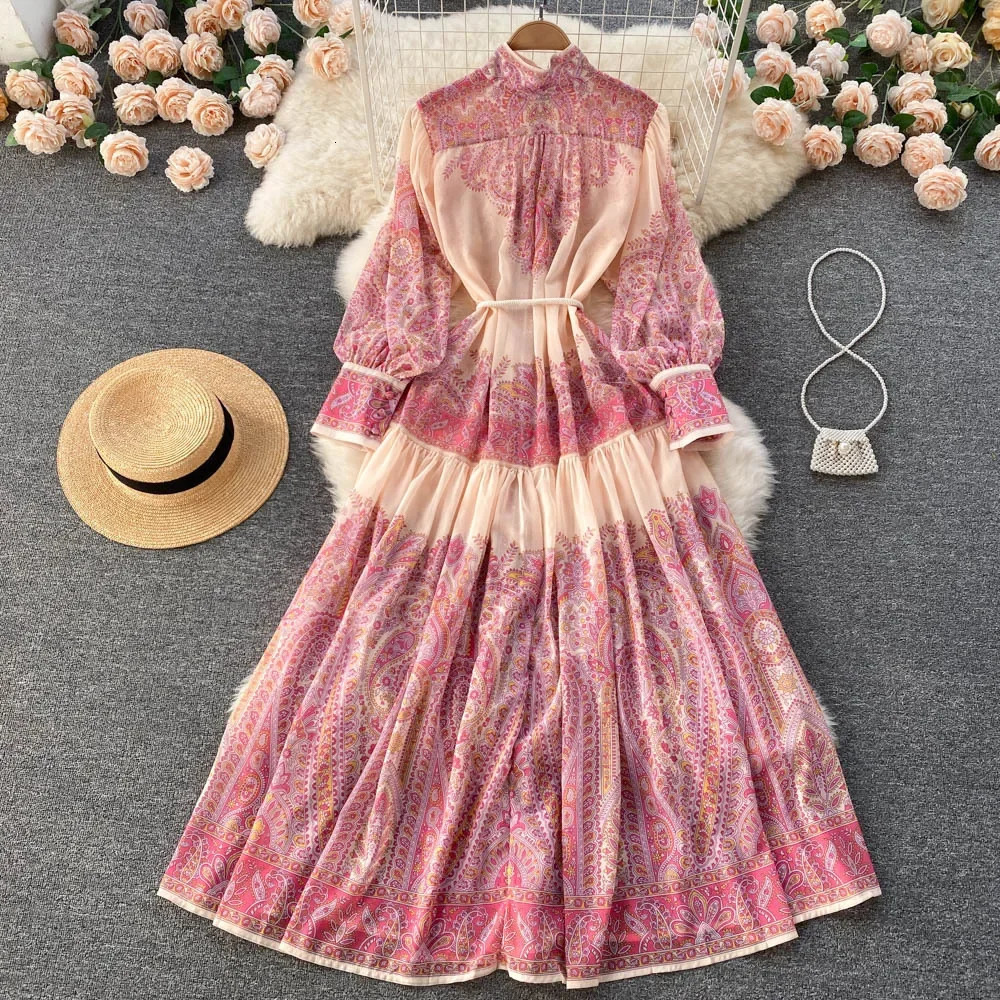 Early Spring Sensibility Niche Stand Collar Lantern Sleeve Printing Dress Loose Fit Slimming Elegant Long 240715