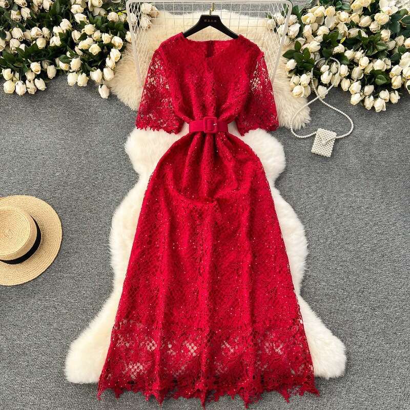 High End, Light Luxury, Sequin Embroidery Dress, Elegant, Slim Fit, Long Design, Hollow Out Lace Dress for Women Temperament Denim Dress High Waist Dr