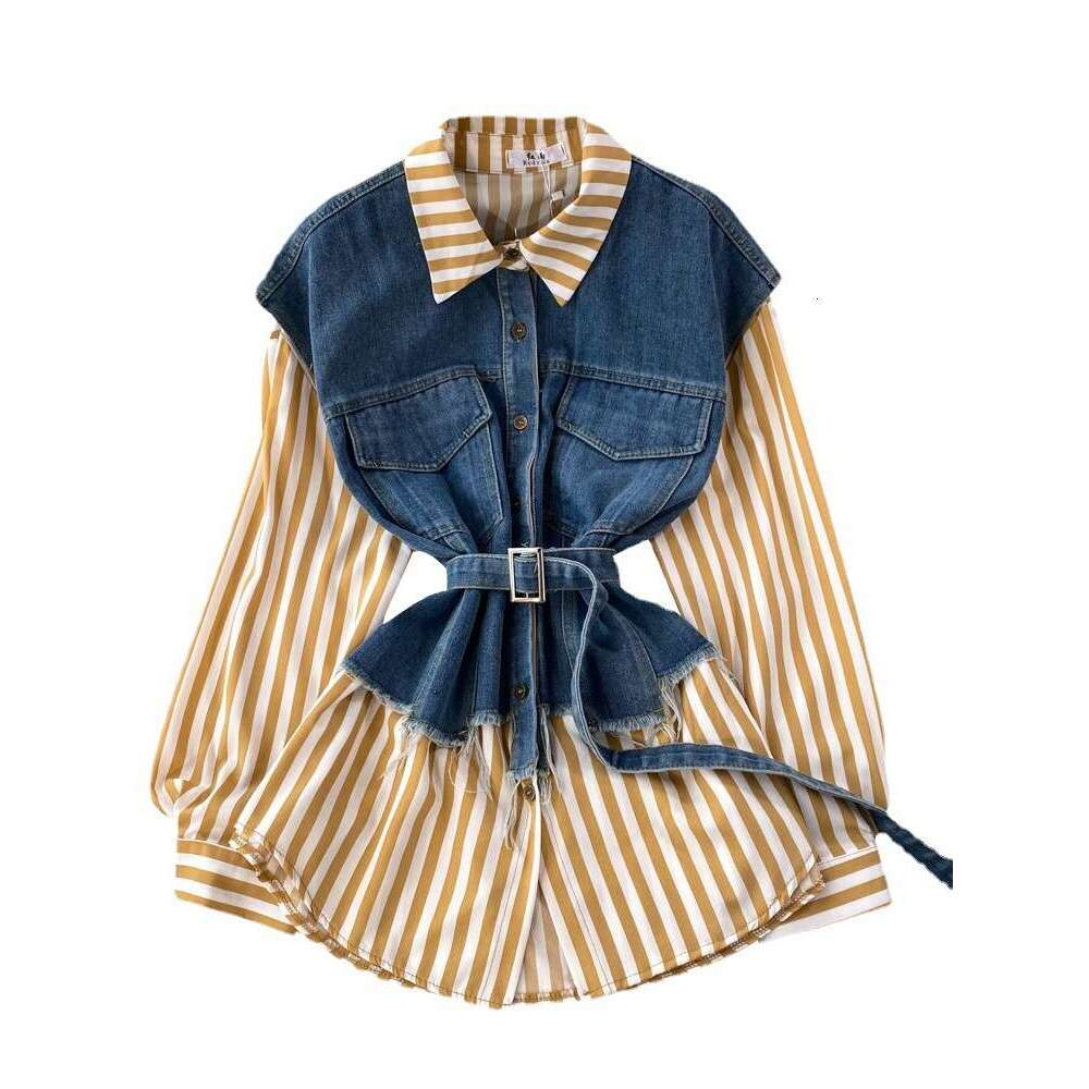 Spring and Autumn Korean Style Fake Two Loose Denim Vests with Striped Shirts for Womens Casual Irregular Top Novelty Bifurcated BOHO DRESS SKINNY DRE