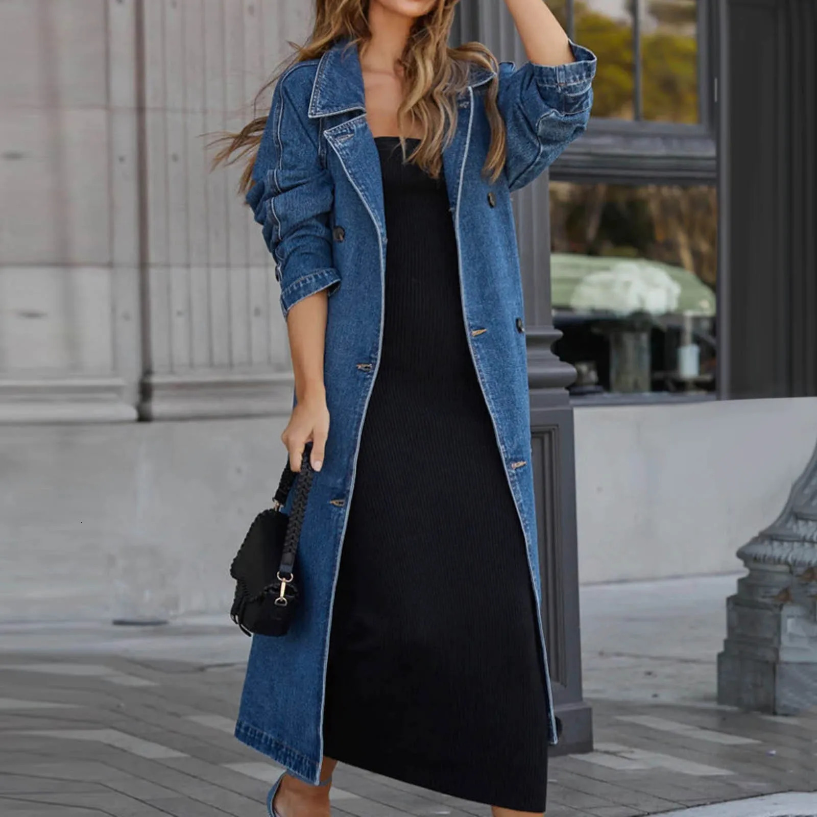 WomenS Vintage Long Jean Jacket Temperament Loose Fit Double Breasted Denim Lapel Trench Coat With Belt Woman Clothing 240715