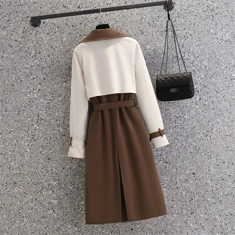 Autumn Korean Mid-length Trench Coat Women Fashion Contrast Color Patchwork Spring Windbreaker Coat Female Windproof Jacket 240716