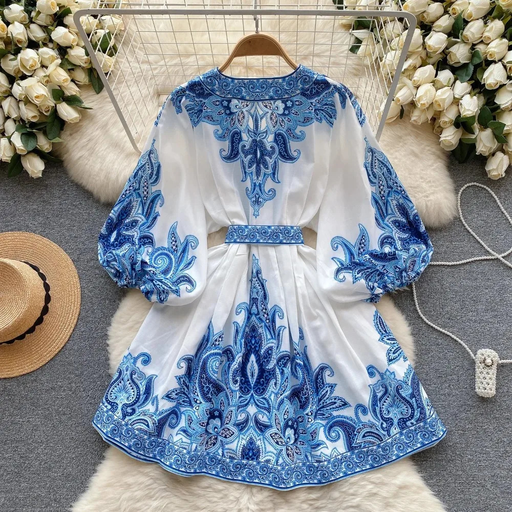 Vintage Print Elegant Puff Sleeve Aline Vneck Mini Dress Casual Women Fashion Autumn Spring 240715