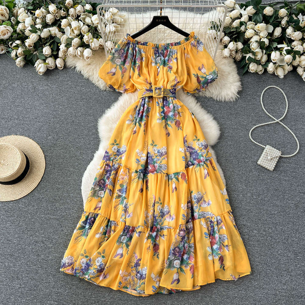 French One Shoulder Fragmented Flower Dress Womens Summer New Elegant and Stylish Slim Bubble Sleeves Super Immortal Chiffon Bifurcated BOHO DRESS