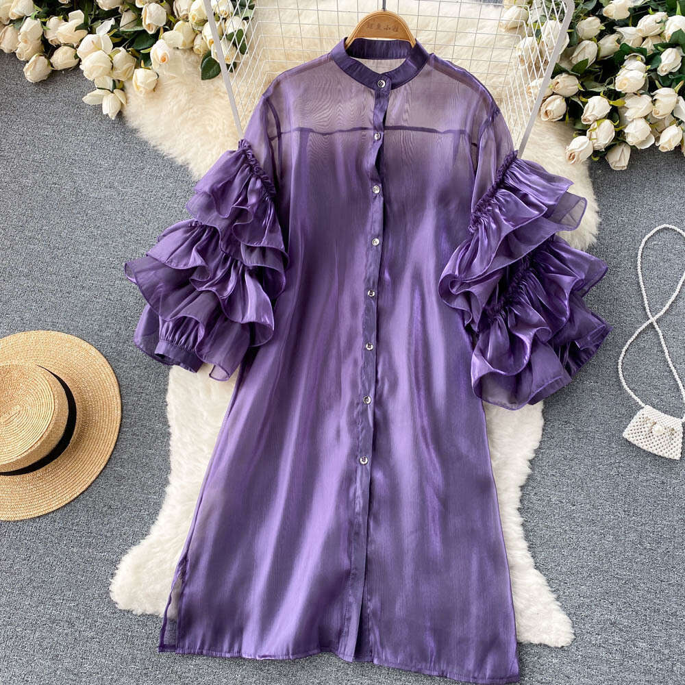 Spring Style Western-style Design with French Ruffle Edge and Three-dimensional Flower Sleeves, Loose Single Breasted Dress High Waist Dress Oversize 