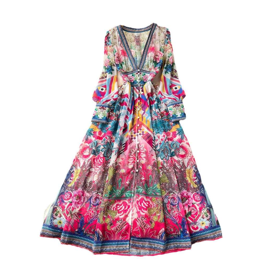 Luxury Vacation Niche Palace Style French Deep V-neck, Waist Cinched Buckle, Printed Long Dress Temperament Sexy High Waist Dress Pregnant Womens Dres