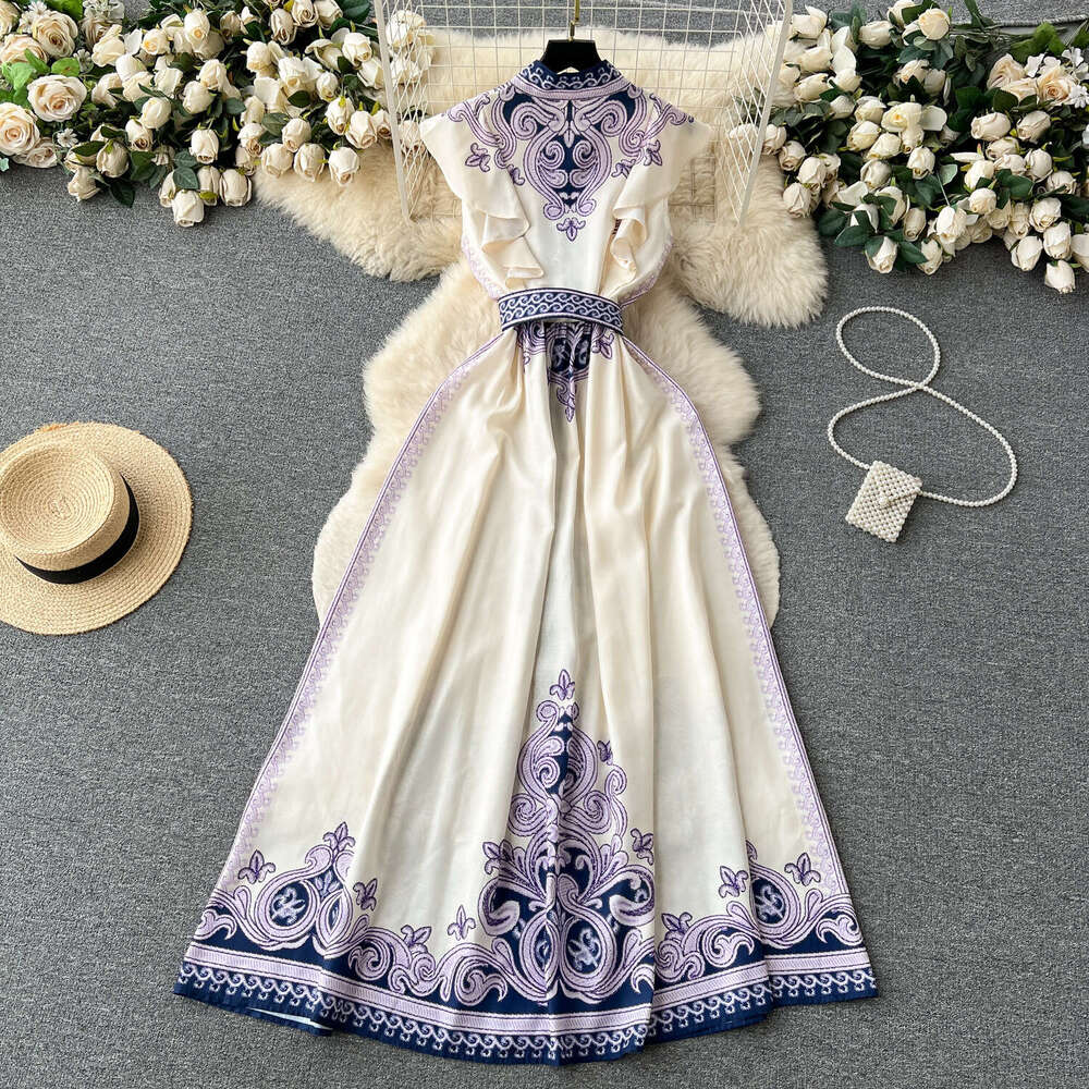 Palace Style Single Breasted Stand Up Collar Printed Dress for Women with Elegant Waistband and Large Swing Skirt Loose Short Pregnant Womens Dress