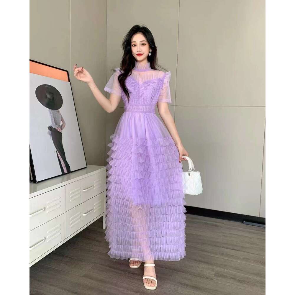 Fashion Leisure Time Popular Summer New Celebrity French Cake Skirt Mesh Spliced and Elegant High Waist Fluffy Dress Fishtail Dress Waist Temperament 