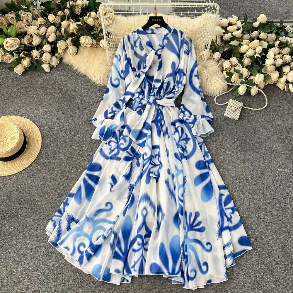 French and Elegant Dressing Spring Lace Up Bow Neck Slim Fit Long Swing Chiffon Vacation Dress Sexy Dress Self-cultivation Novelty High Waist Dress