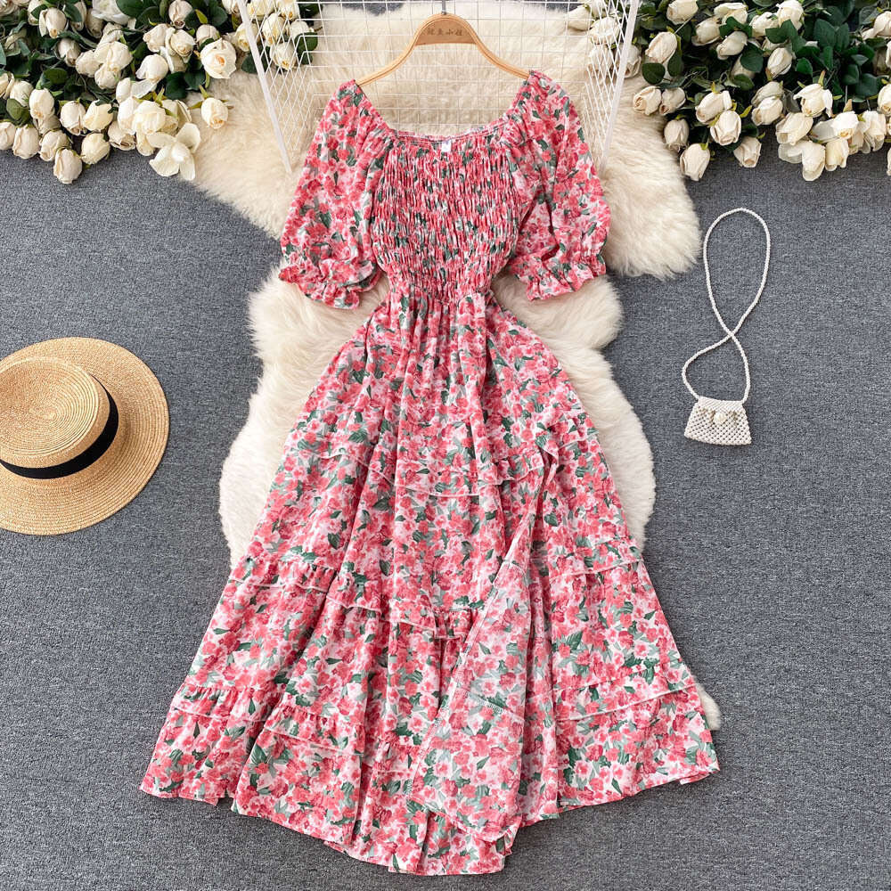 Korean Version of Chic Style Fairy Sweet Slim Fit Square Neck Bubble Sleeve Floral Dress Super Immortal Temperament A-line Skirt Pregnant Womens Dress