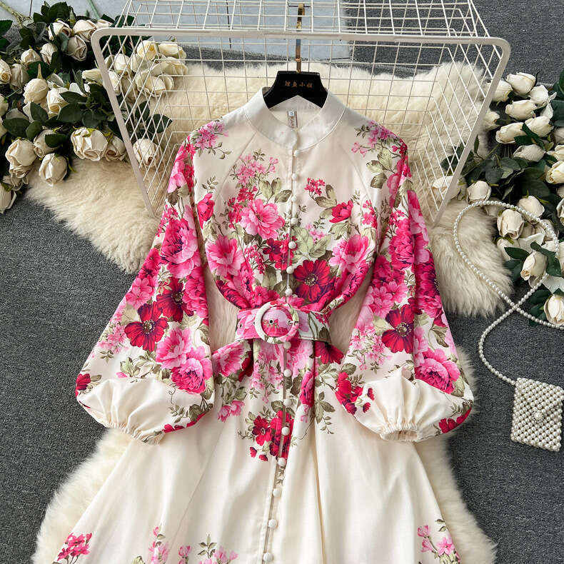 Flower Series Spring Clothing 2024 New High-end Printed Slim Fit Long French Style Bubble Sleeve Temperament Dress Waist Self-cultivation Short SKINNY