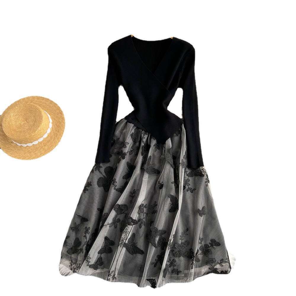 Socialite Temperament Cross V-neck Butterfly Embroidery Fluffy Base Dress Women Autumn and Winter Matching Coat Slim Fit Medium Length Short SKINNY DR