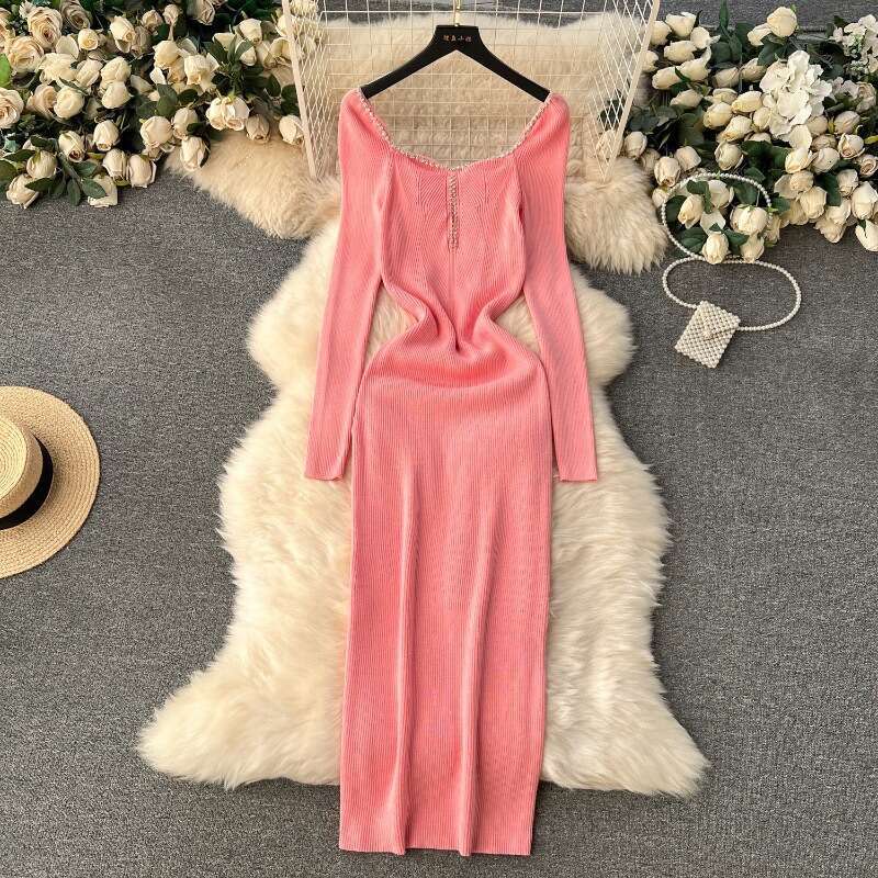 Autumn and Winter Dress with High-end Feel, Heavy-duty Diamond Inlaid Square Neck, Slim Fit, Buttocks Wrapped Skirt, Temperament, Medium Length Knitte