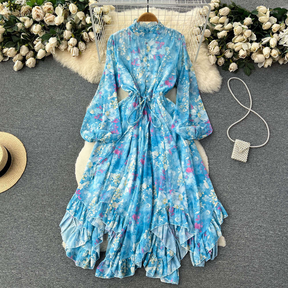 European Style Lantern Sleeve Floral Dress for Women with Spring Drawstring Waist Design, Sleeved Ruffled Edge Fairy Long Skirt Loose Temperament Silk