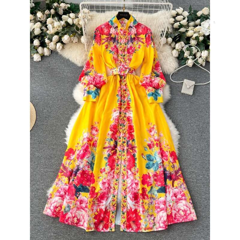 Palace French Elegant for Womens Spring and Autumn New High Grade Standing Neck Lantern Long Sleeve Waist Wrapped Print Dress Pregnant Womens Dress La