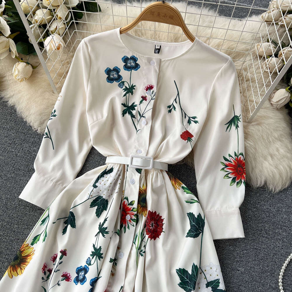 Instagram Style Spring/summer New High-end Print Fashion Slim Fit Temperament Single Breasted Dress Large Hem Long Skirt Bifurcated Temperament Waist 