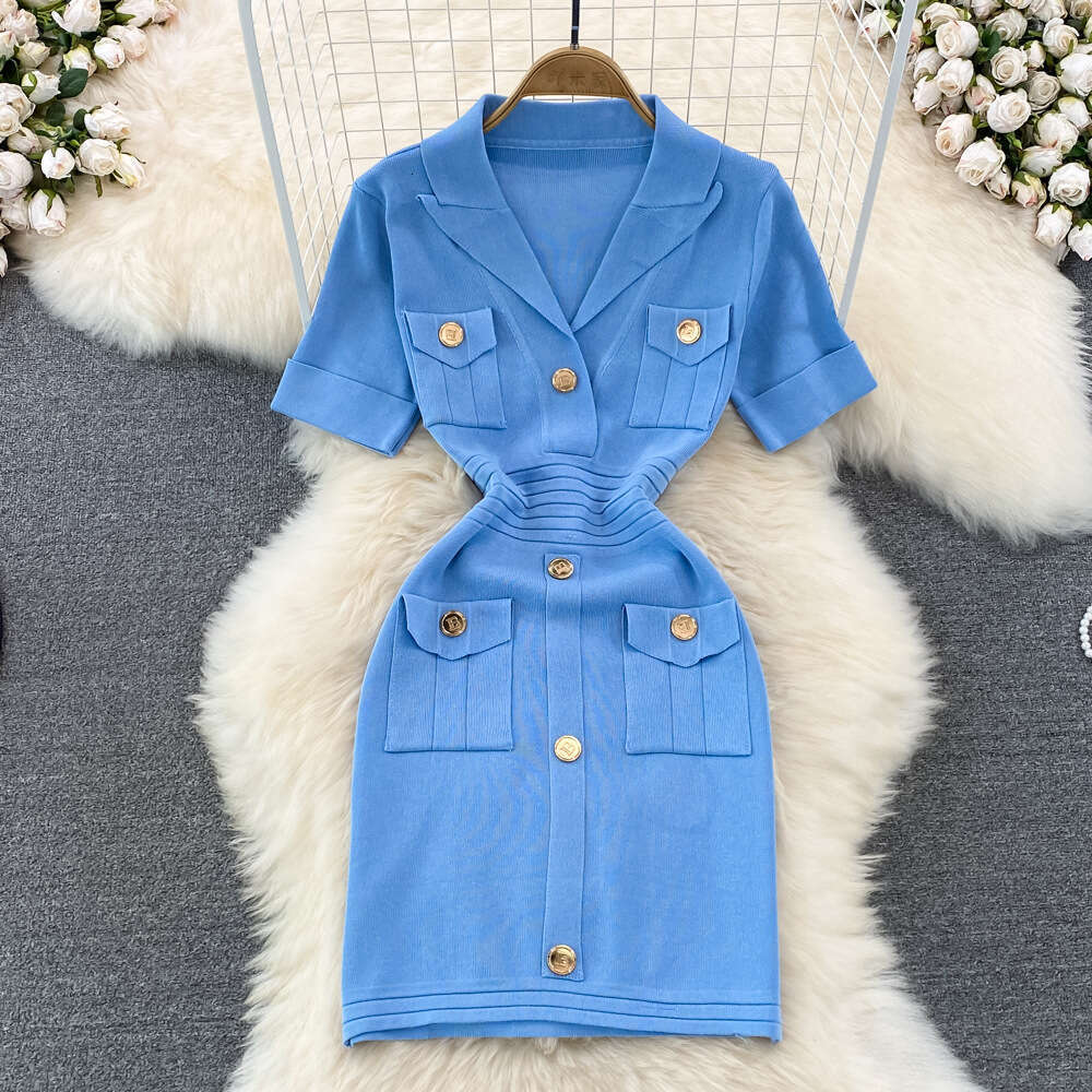 Elegant Small Figure Short Skirt That Covers the Butt, Womens Westernization, Age Reduction, Slimming Appearance, Ice Silk V-neck Knitted Dress with A