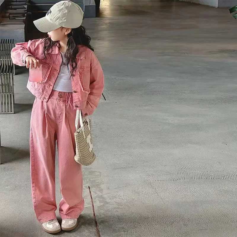 Clothing Sets Girls Spring and Autumn Set 2024 New Childrens Cowboy Top and Pants Fashion Korean Edition Girls Two Piece Set Kids Outfits