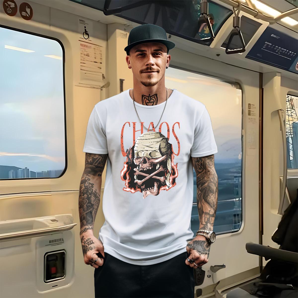 Cool Design Men Clothes T-Shirt Skeleton 230g Cotton Crew Neck Cotton Breathable Casual Beach Mens T Shirts Oversized 3XL 4XL Fashion New Tees