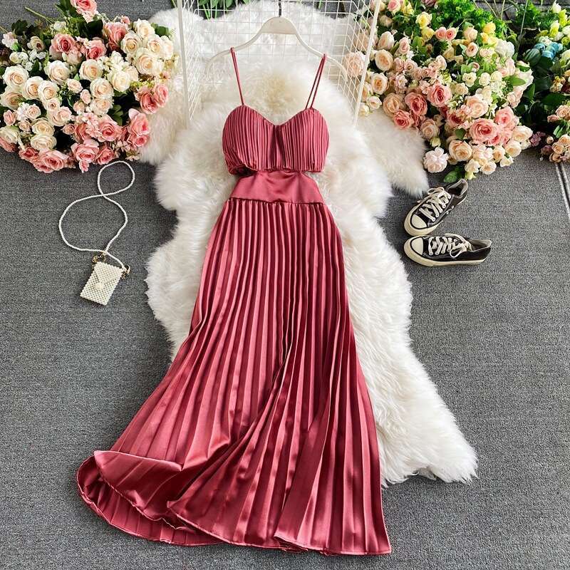 French Open Waisted Strapless Summer New Style, Elegant Socialite, High-end Pleated Camisole Long Dress, Formal Dress Self-cultivation Loose BOHO DRES