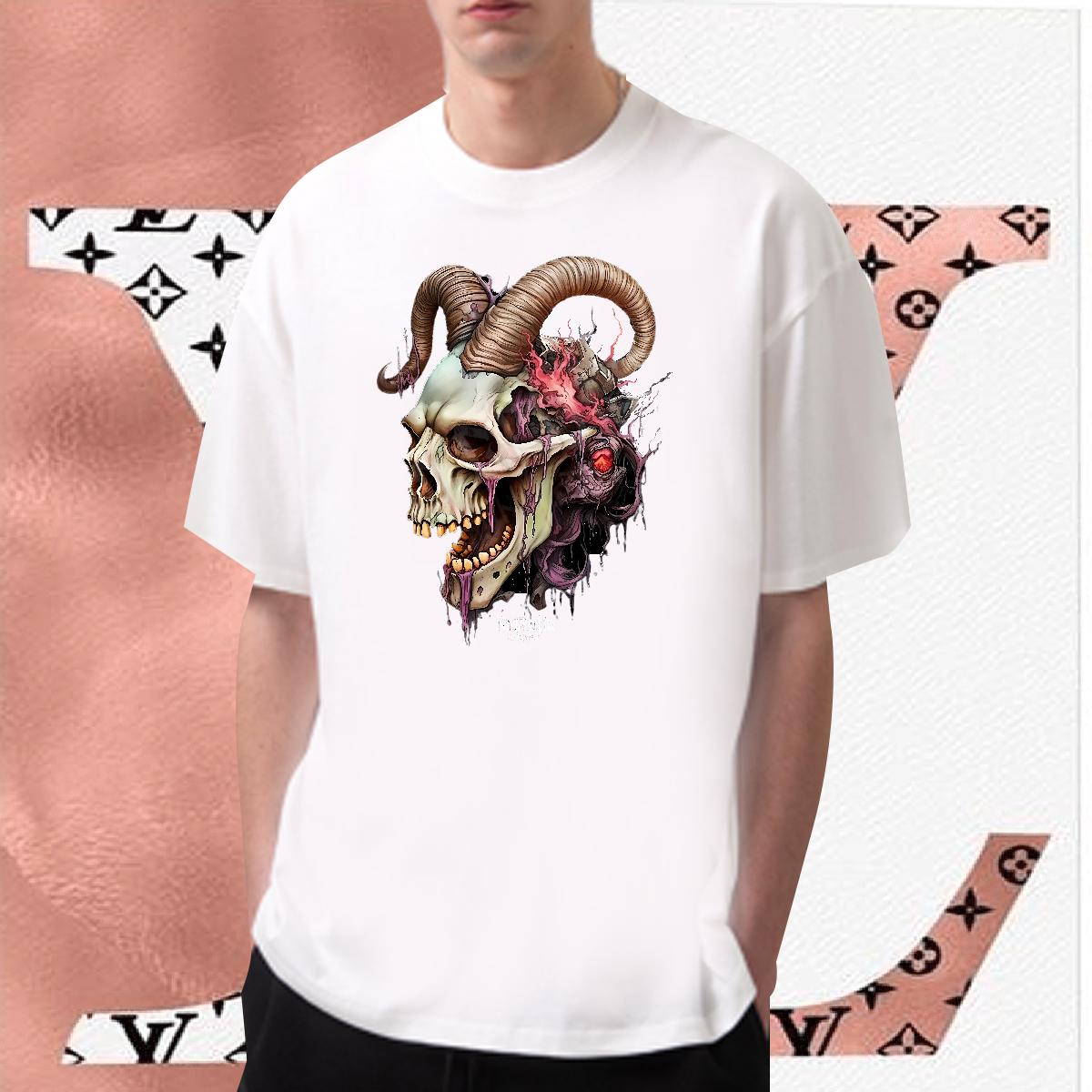 2024 New T-Shirts for Men Skeleton 230g Cotton DIY Anime Couples T Shirts High Street Hip Hop Breathable Crew Neck Popular Clothes