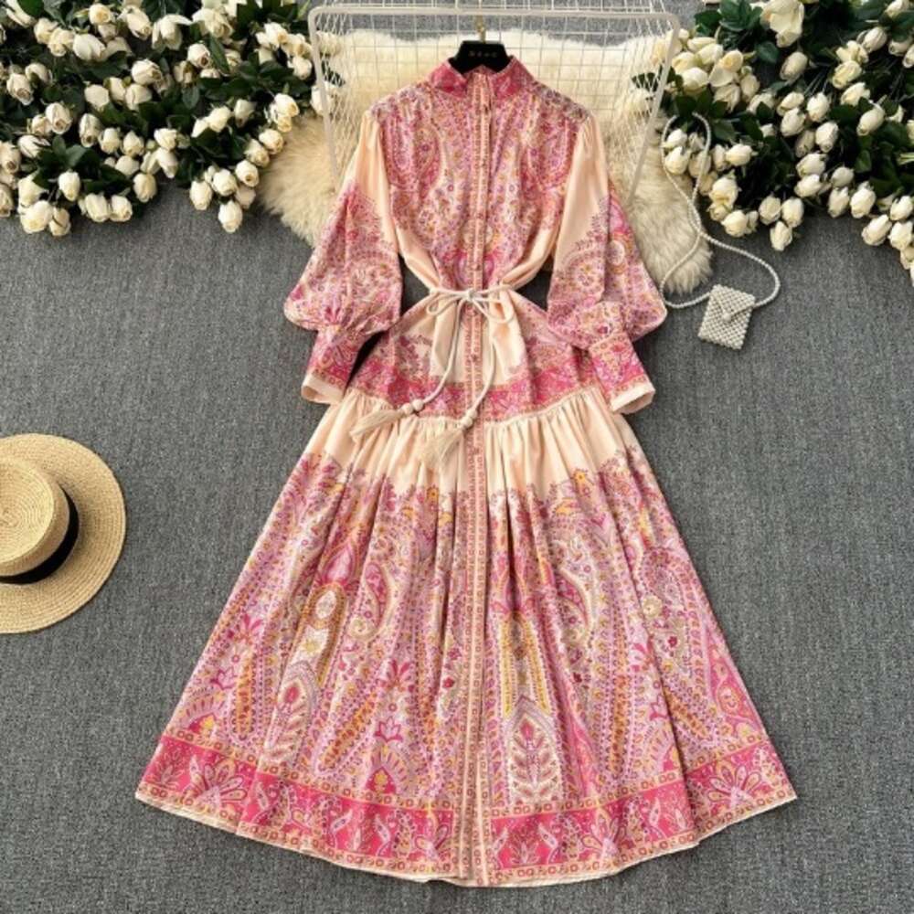New Elegant and Ethnic Style Standing Neck with Single Breasted Waist for Slimming Print French Long Womens Dress Temperament Sexy Denim Dress BOHO DR