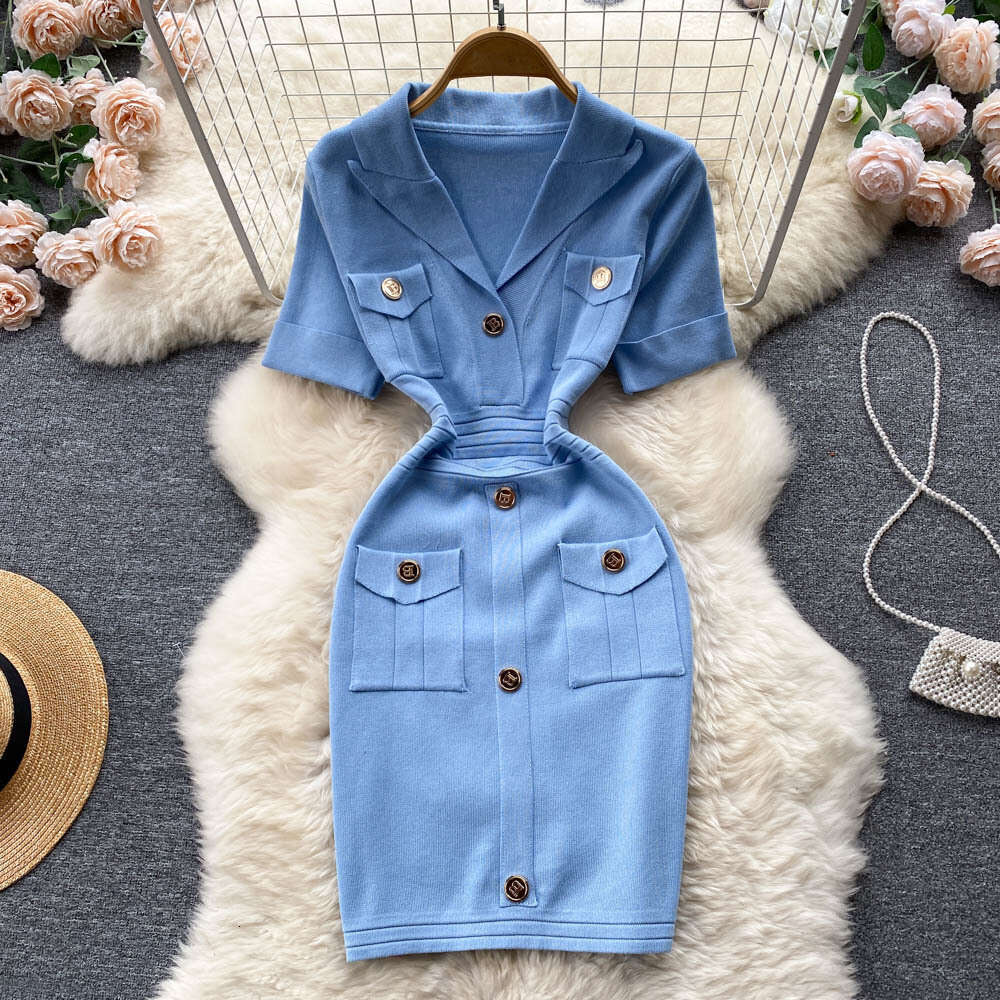 Xiaoxiangfeng Knitted Dress for Womens Summer 2022 New Style French Niche Collar, Waist Cinching, Slimming Style, Hip Hugging Skirt Short Round Neck D