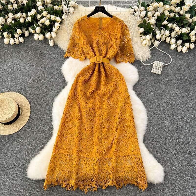 High End, Light Luxury, Sequin Embroidery Dress, Elegant, Slim Fit, Long Design, Hollow Out Lace Dress for Women Temperament Denim Dress High Waist Dr