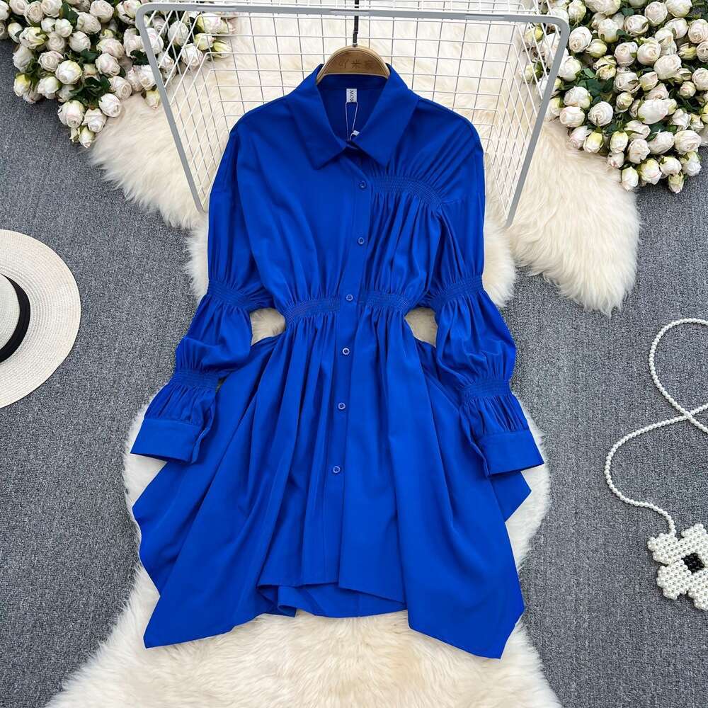 Hong Kong Style Single Breasted POLO Collar Slimming Shirt Skirt Spring High Waisted Long Sleeved Loose A-line Dress Temperament Silk Dress Round Neck