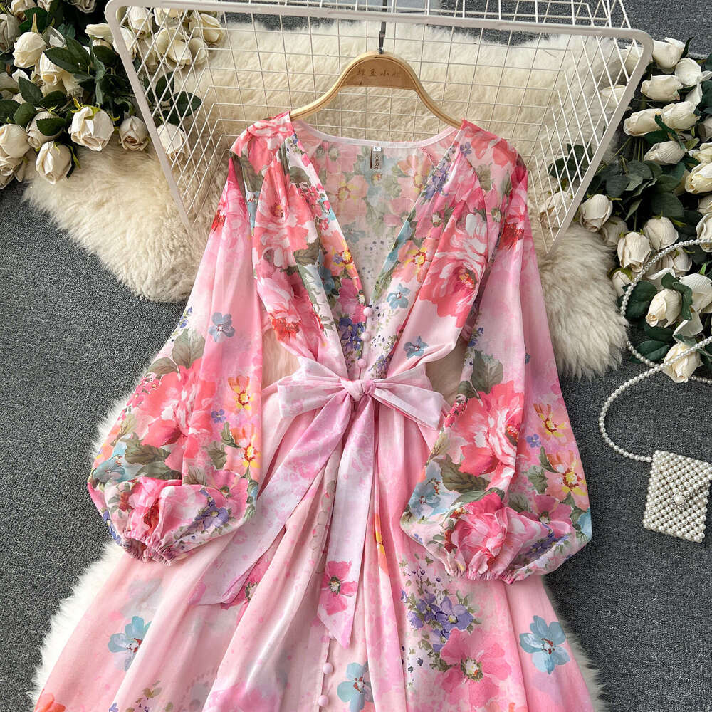 Fanhua Series Sexy Deep V-neck Buckle Tie Waist Long Version Dress, Niche Print Chiffon Vacation Dress Sexy Temperament Oversize Dress SKINNY DRESS