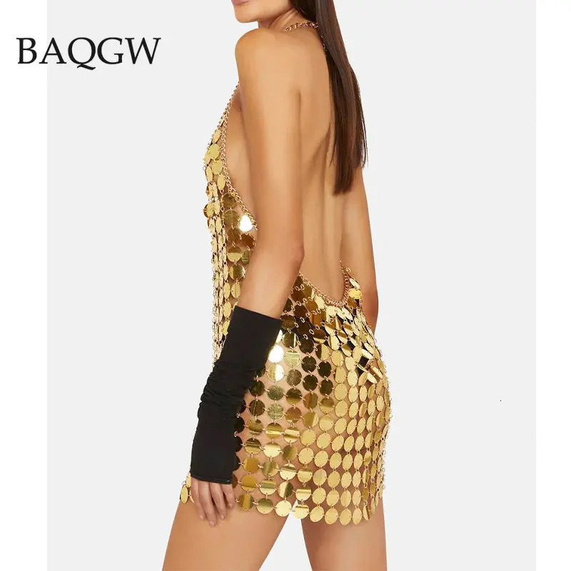 Women Fashion Sleeveless Sexy Backless Glitter Black Gold Chainmail Sequin Patchwork Mini Dresses Diana Silver Disc Dress 240716