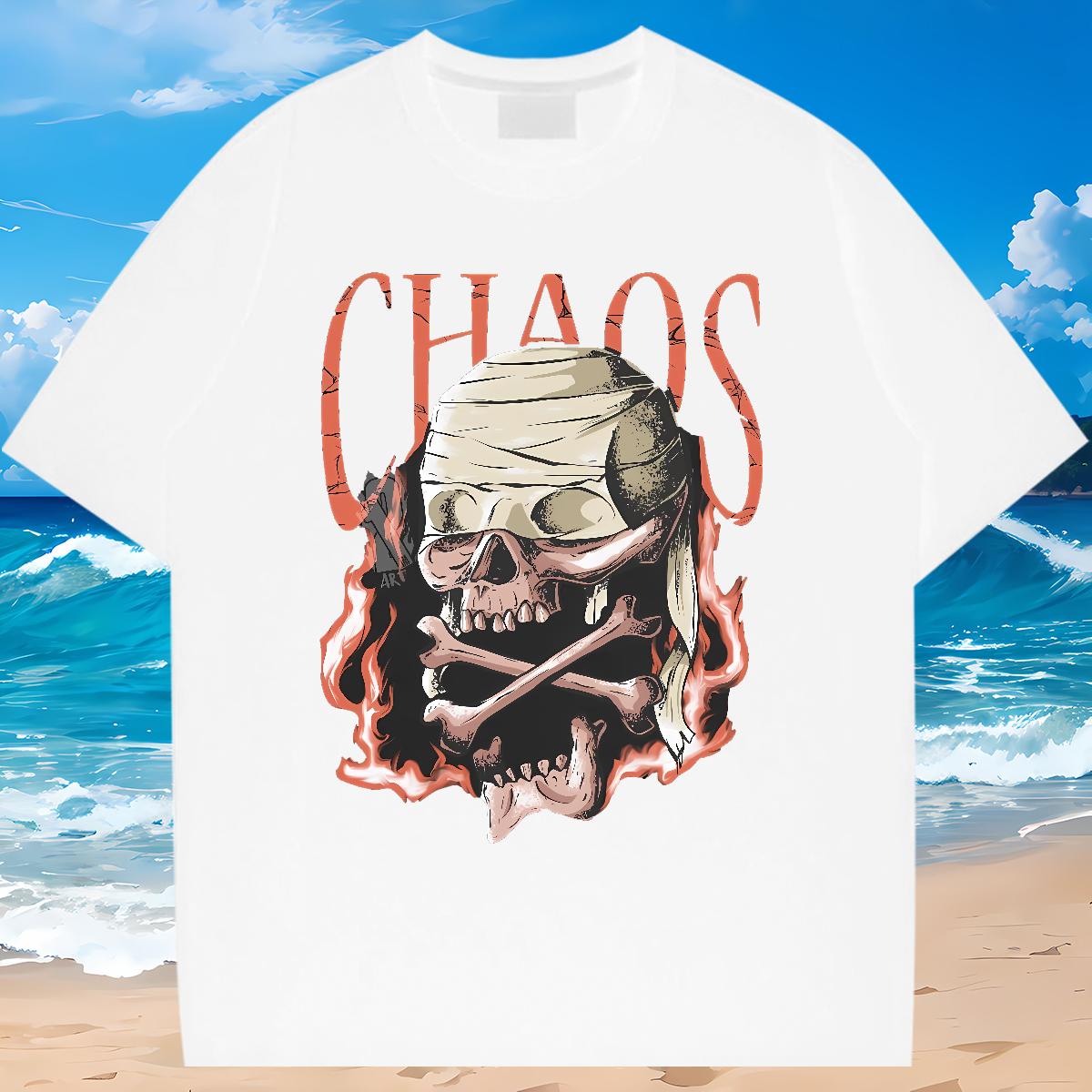 Comfortable T shirt Skeleton 230g Cotton Summer Casual Breathable Short Sleeve Couples T Shirts 2024 New Floral Print Tees