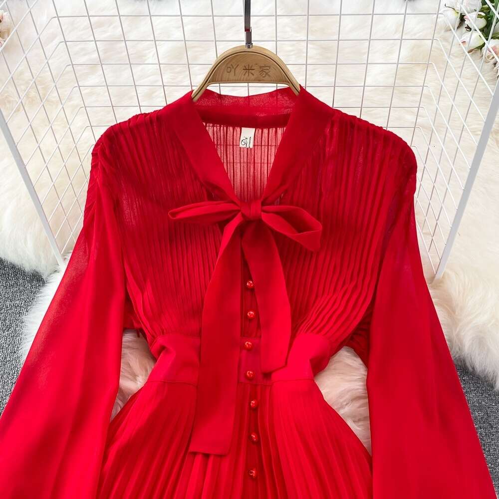 Light Luxury Temperament Bow Tie V-neck Waist Single Breasted A-line Pleated Dress Elegant Large Hem Long Skirt Self-cultivation Oversize Dress High W