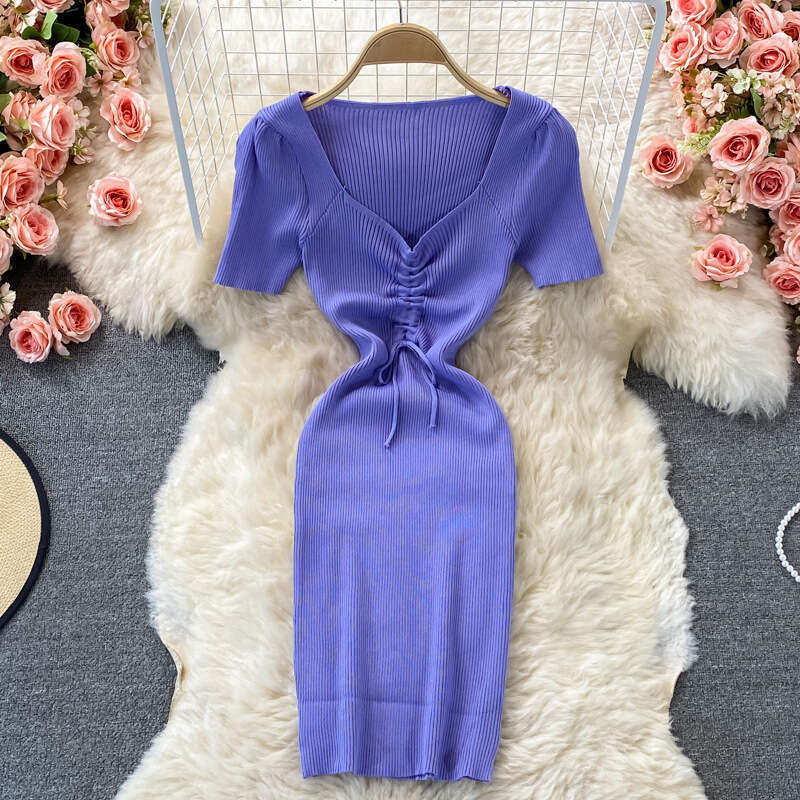 Square Neck Elastic Knitted Dress Summer New Korean Version Waist Cinching Slimming Temperament Drawstring Tight Fitting Hip Hugging Short Skirt Denim