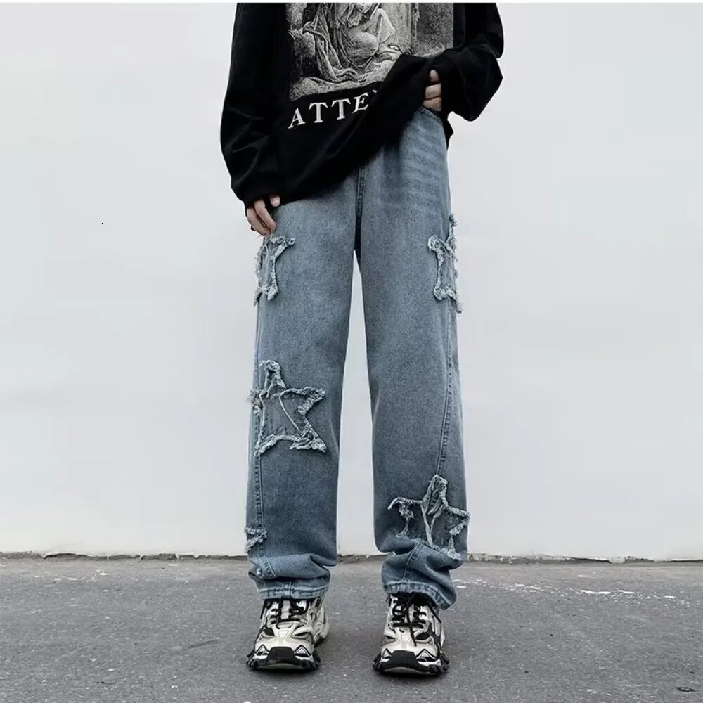 New Fashion Stars Towel Embroidery Baggy Men Pants Y2K Clothes Straight Hip Hop Cotton Trousers Pantalon Man Jeans