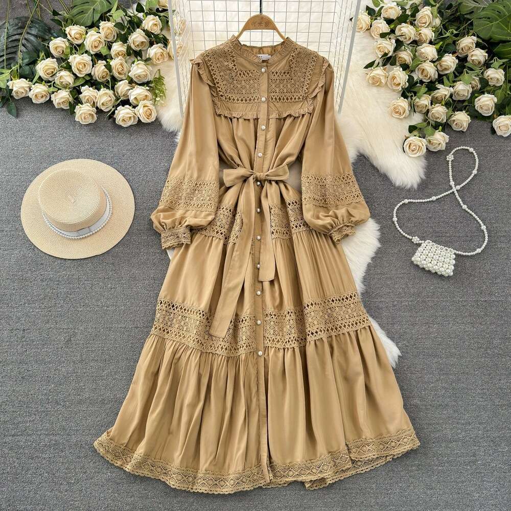 High End, Light Luxury, Socialite Temperament, Lantern Sleeves, Long Sleeved Stand Up Collar, Waist Cinched, Slim A-line Hollow Dress Silk Dress