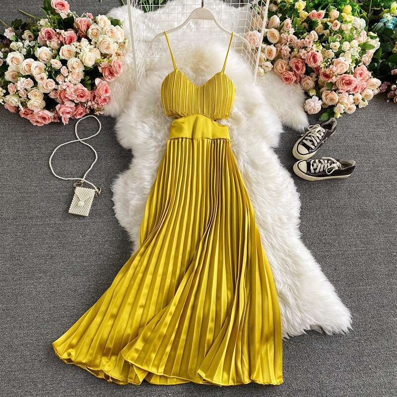French Open Waisted Strapless Summer New Style, Elegant Socialite, High-end Pleated Camisole Long Dress, Formal Dress Self-cultivation Loose BOHO DRES