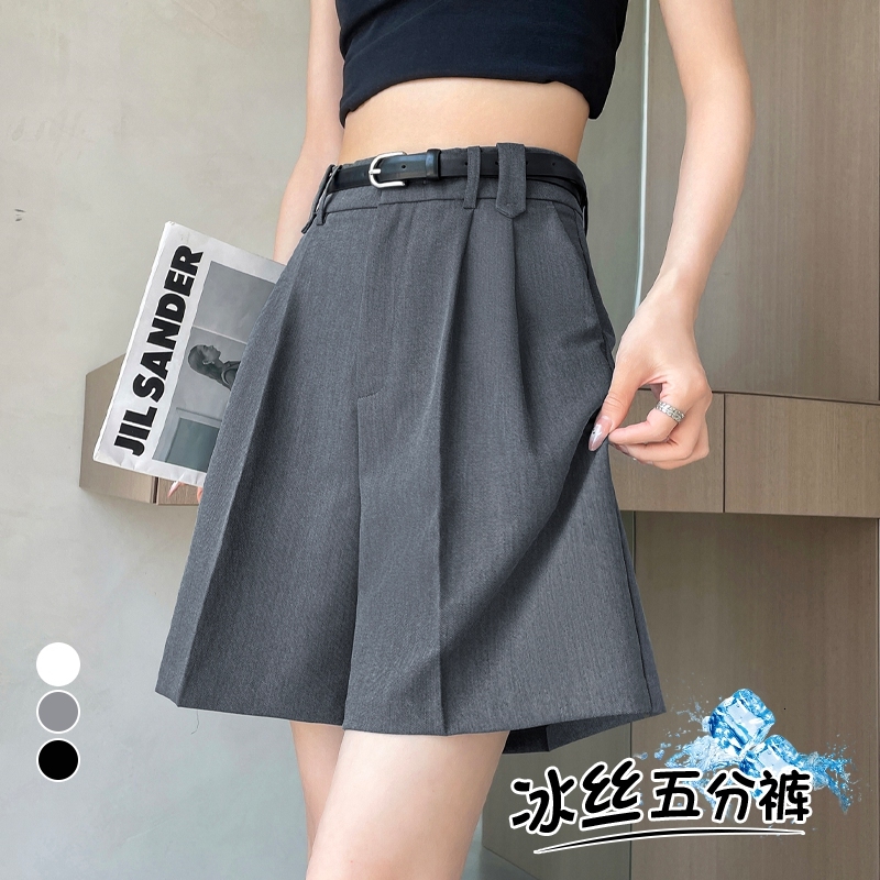 2024 Summer New High Waist Suit Split Shorts Ice Silk A-line Wide Leg Casual Pants for Women