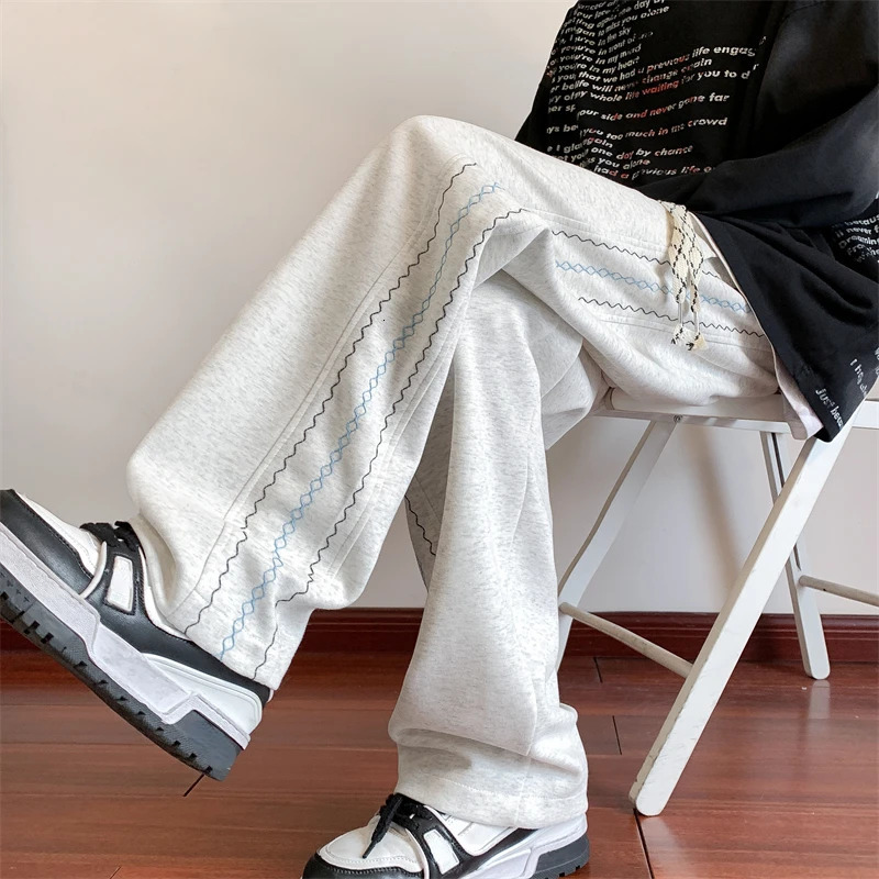 Mens Casual Pants Trendy Loose Wide Leg Pants Side Wave College Style Sports Sweatpants Elastic Waist Man Trousers 240708